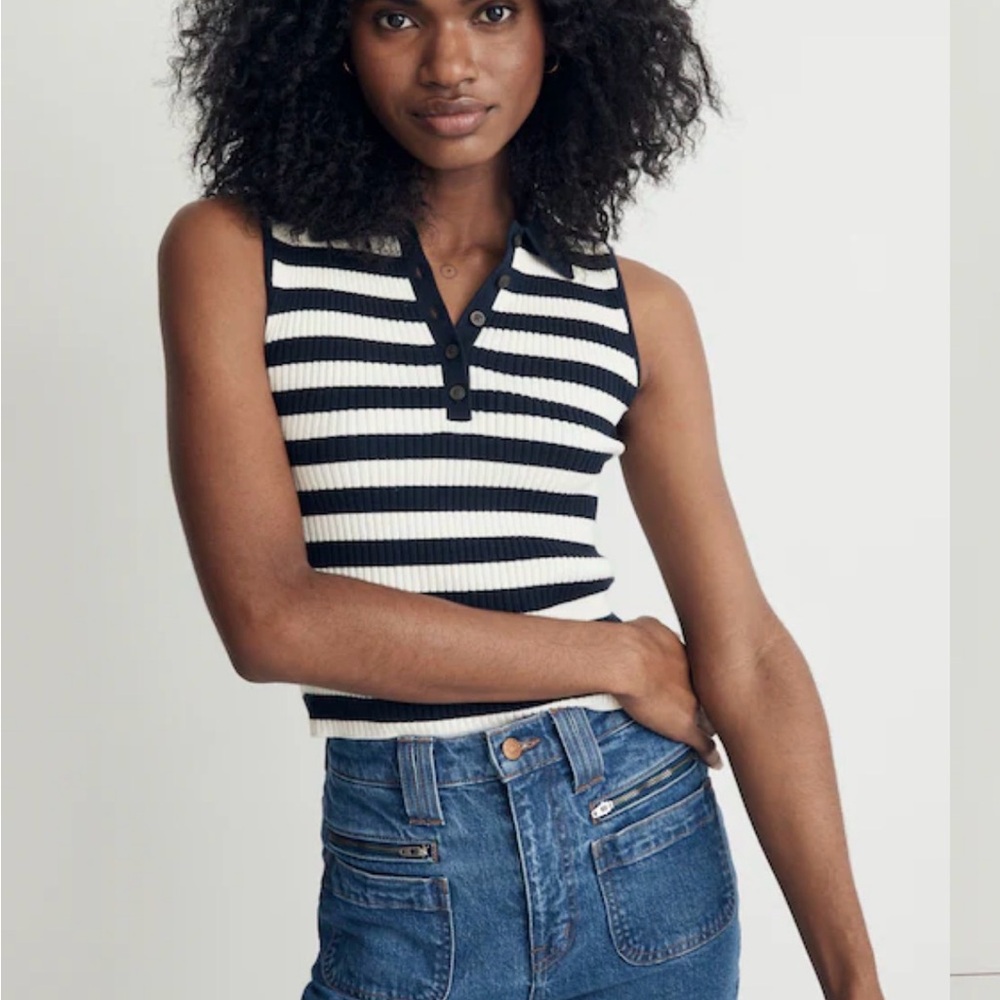 Navy Striped Knit Polo Tank Top